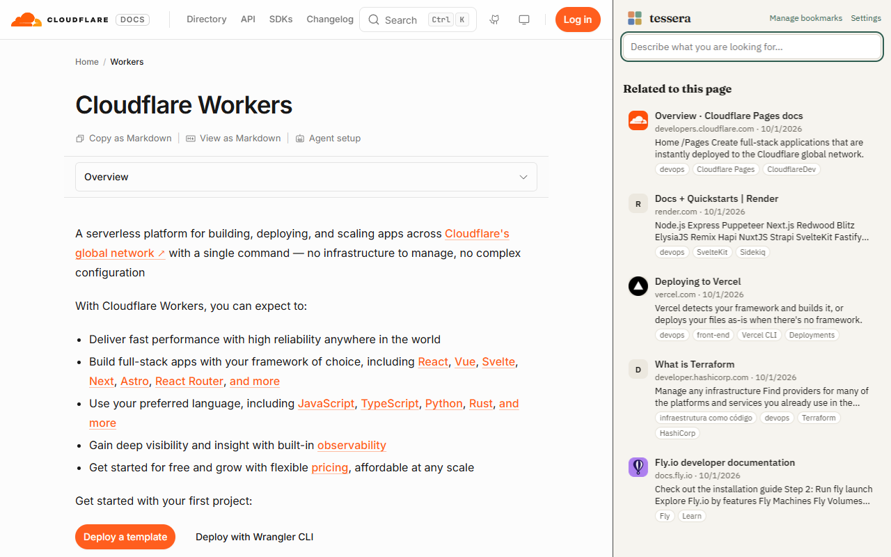 A Cloudflare page open with Tessera's side panel listing related bookmarks