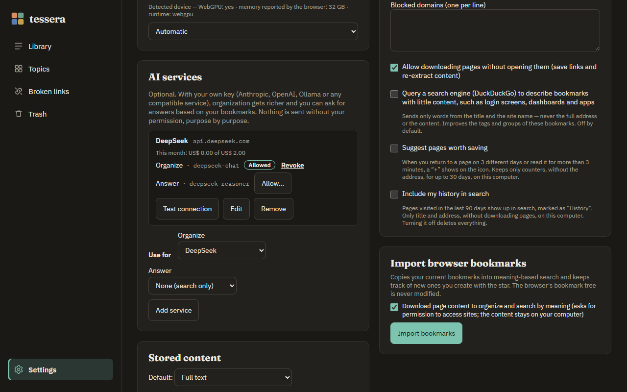 AI services card with DeepSeek configured