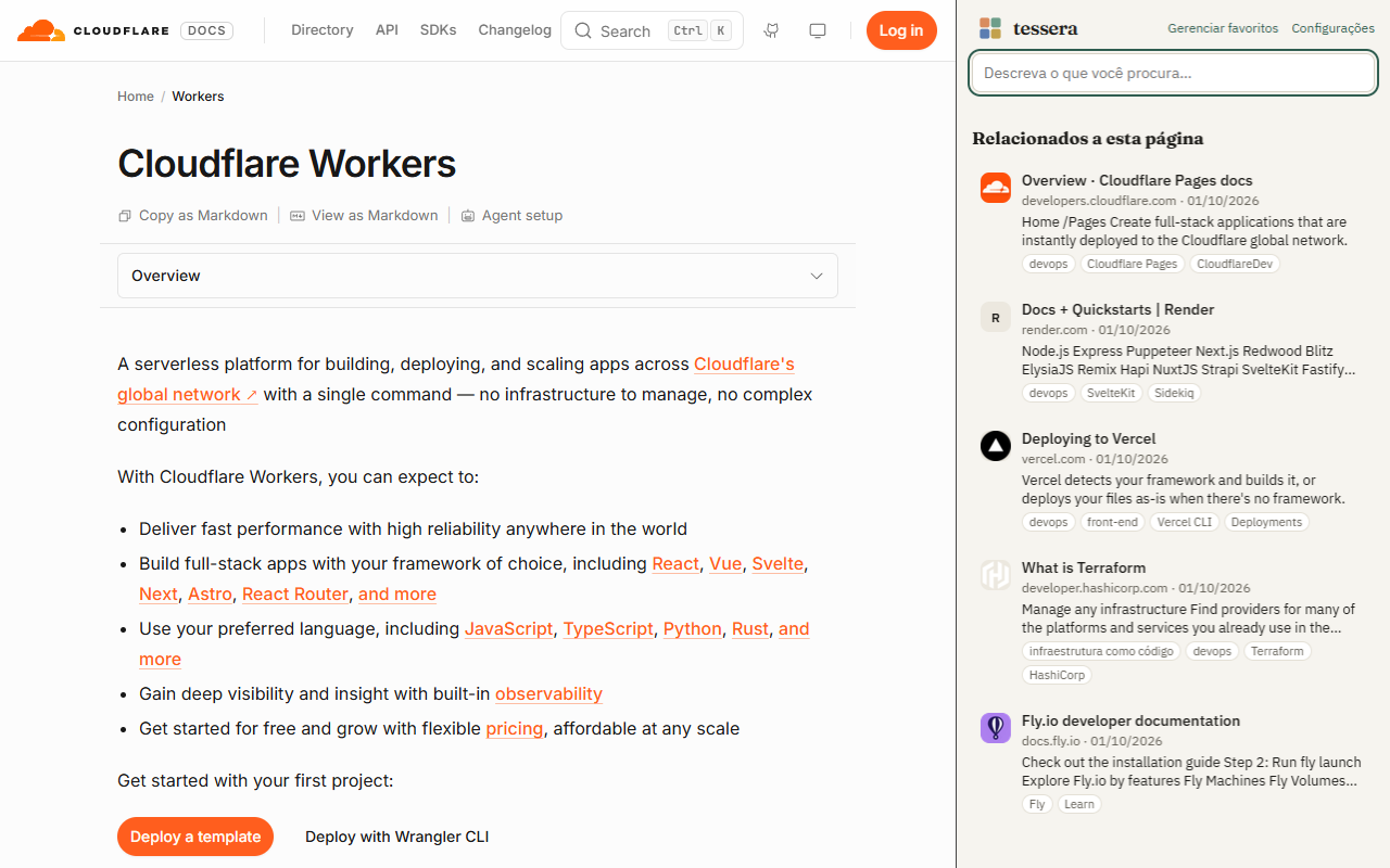 Página da Cloudflare aberta com o painel lateral do Tessera listando favoritos relacionados