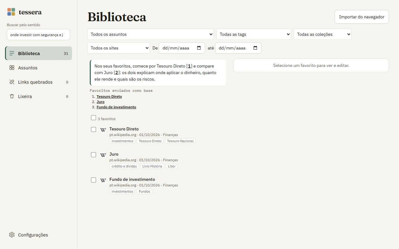 Biblioteca com uma resposta que cita favoritos