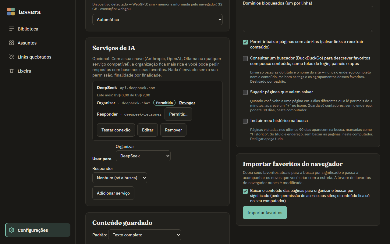 Cartão Serviços de IA com o DeepSeek configurado
